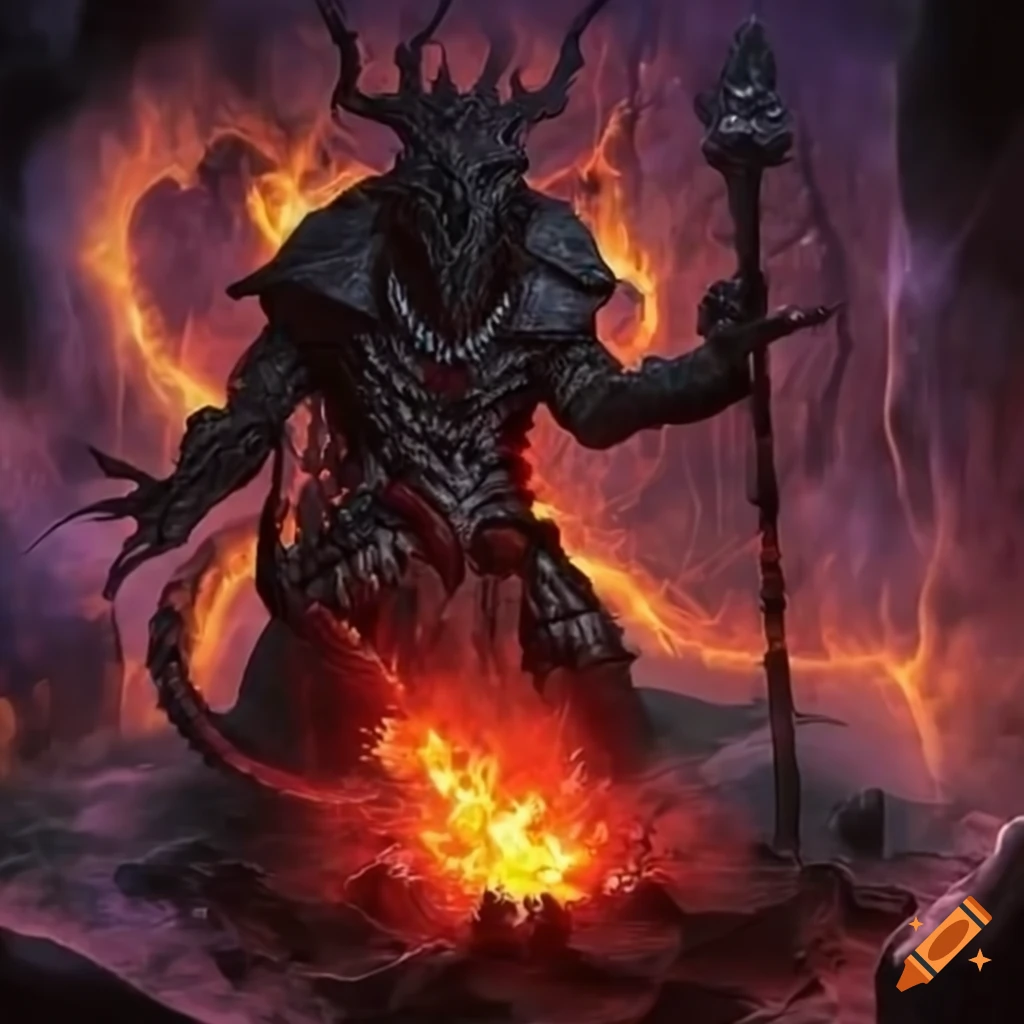 image of a dark sorcerer casting spells in a fiery underworld