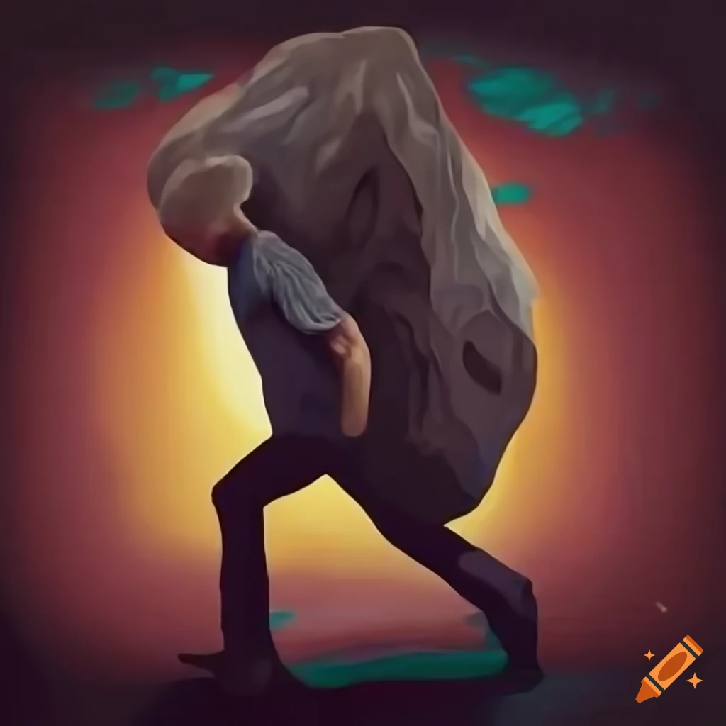 a man carrying a heavy rock