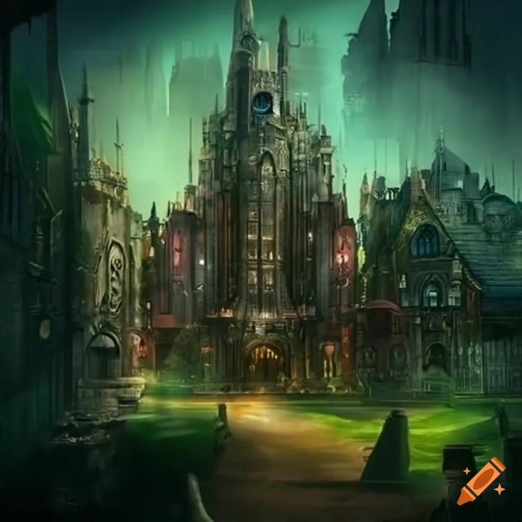 Image of a steampunk city with a hidden magical garden on Craiyon