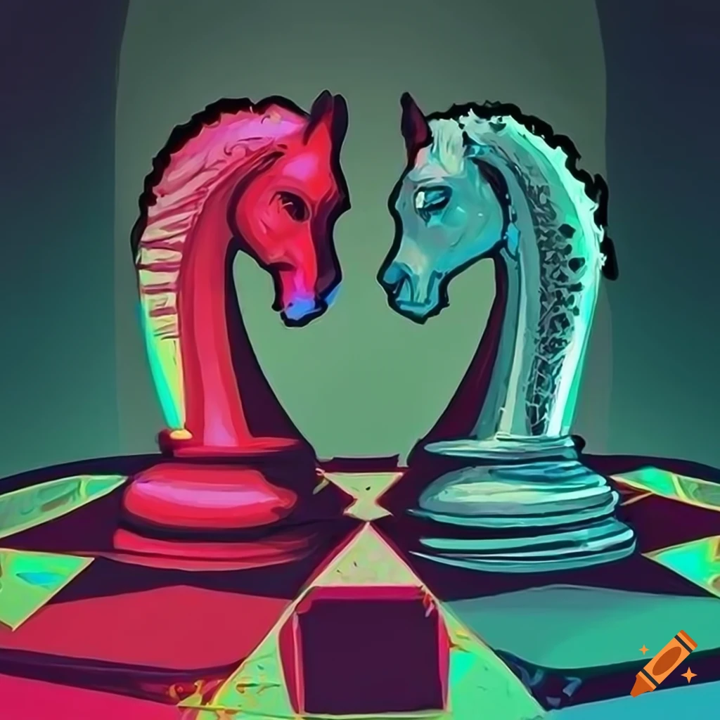 Cyber punk themed digital painting of a chess horse piece with a wedding  veil
