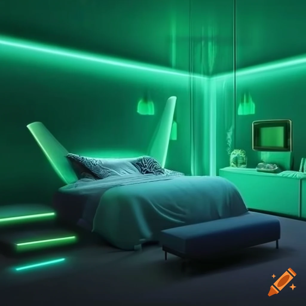 Futuristic bedroom with green lighting on Craiyon