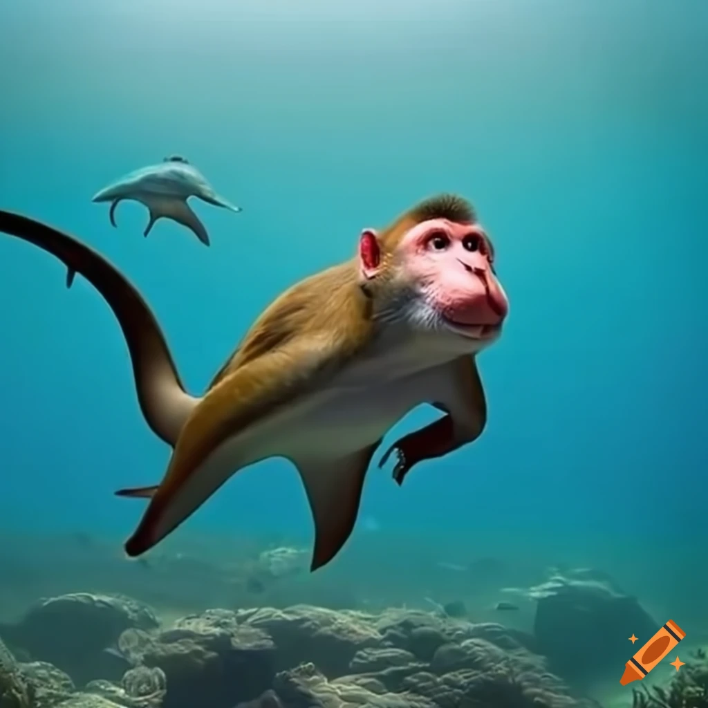 monkey bravely fighting a shark