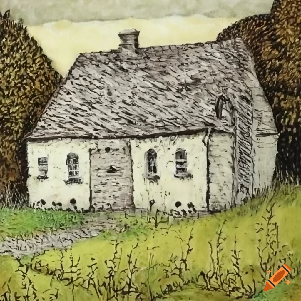 Edward Gorey illustration of a single storey house in the country