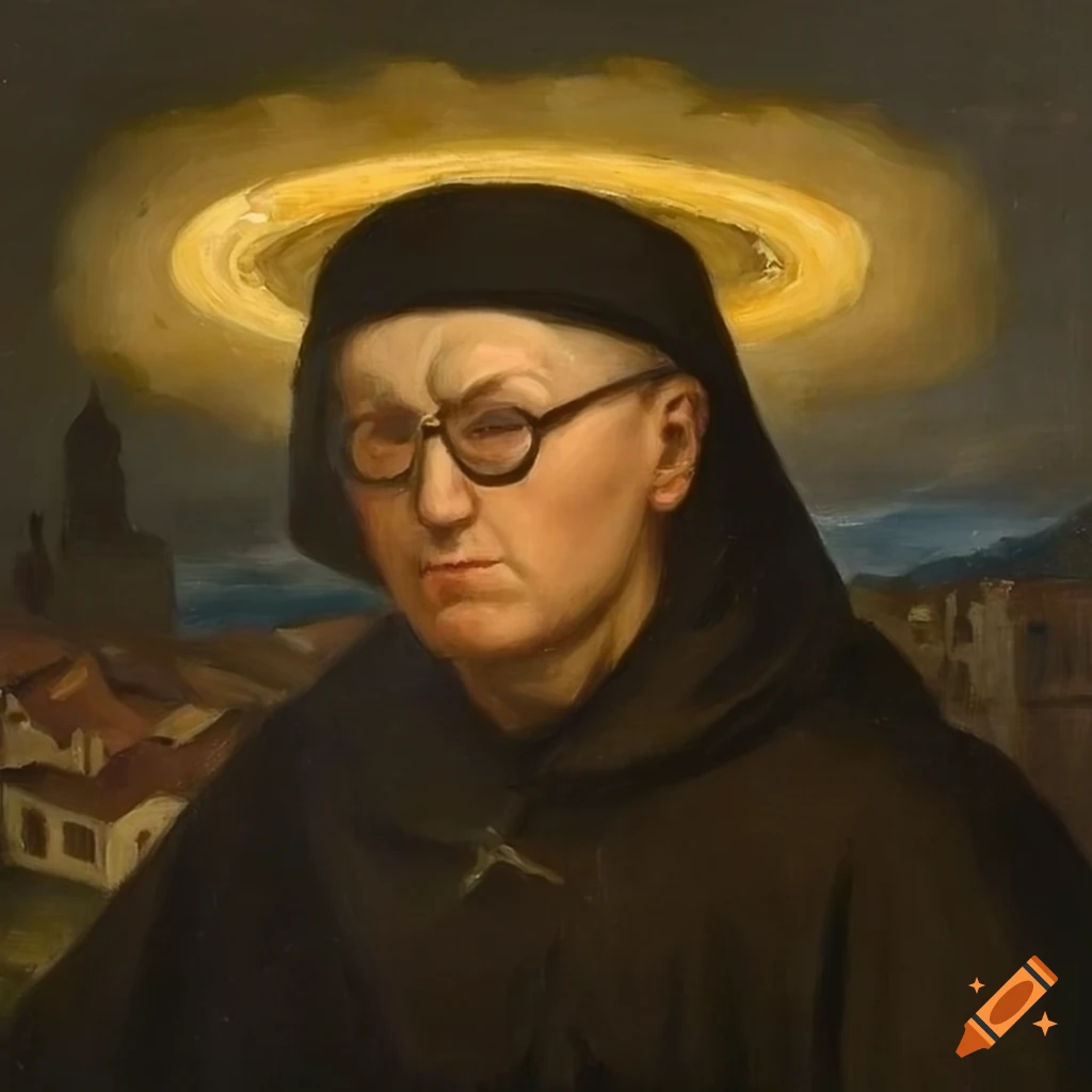 oil painting of a monk with halo and Giarre city in the background