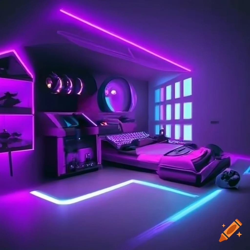 futuristic bedroom with purple lighting