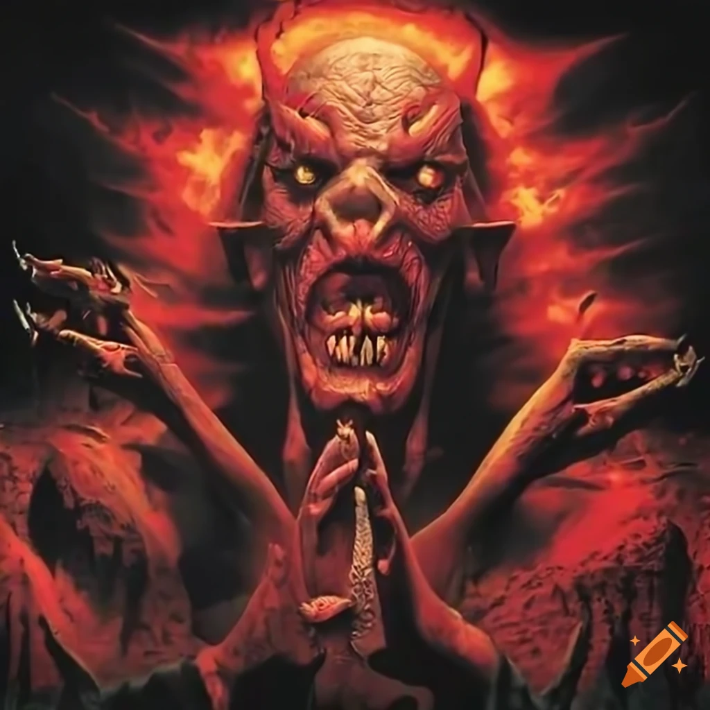 Detailed metal album art featuring a demon with red eyes and multiple ...