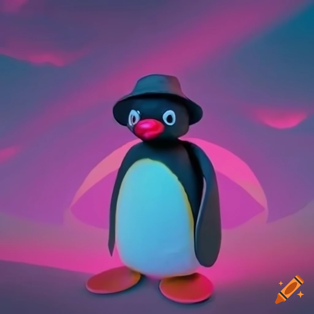 Pingu wearing a bucket hat in Vaporwave style