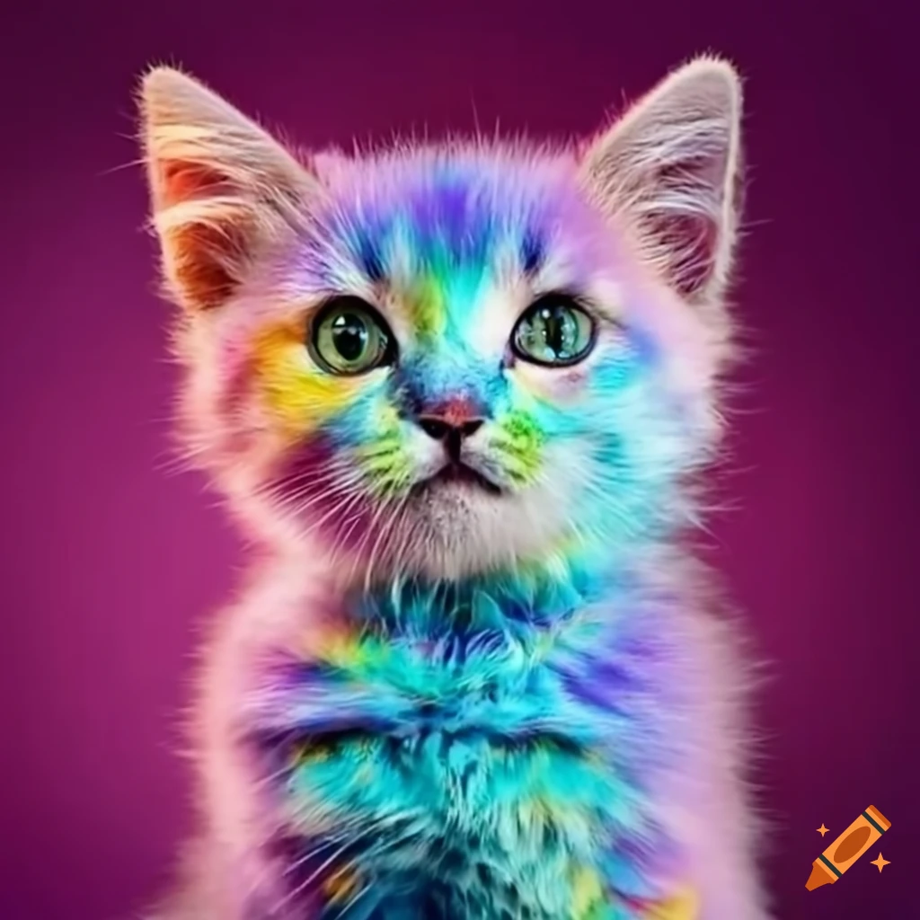 a cute fluffy kitten with rainbow colors