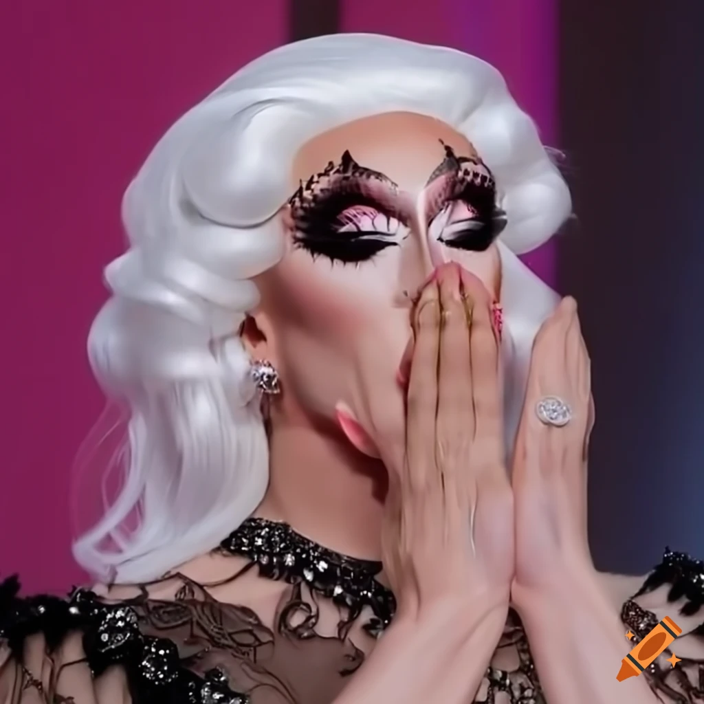 closeup of a drag queen in a black dress crying happy tears