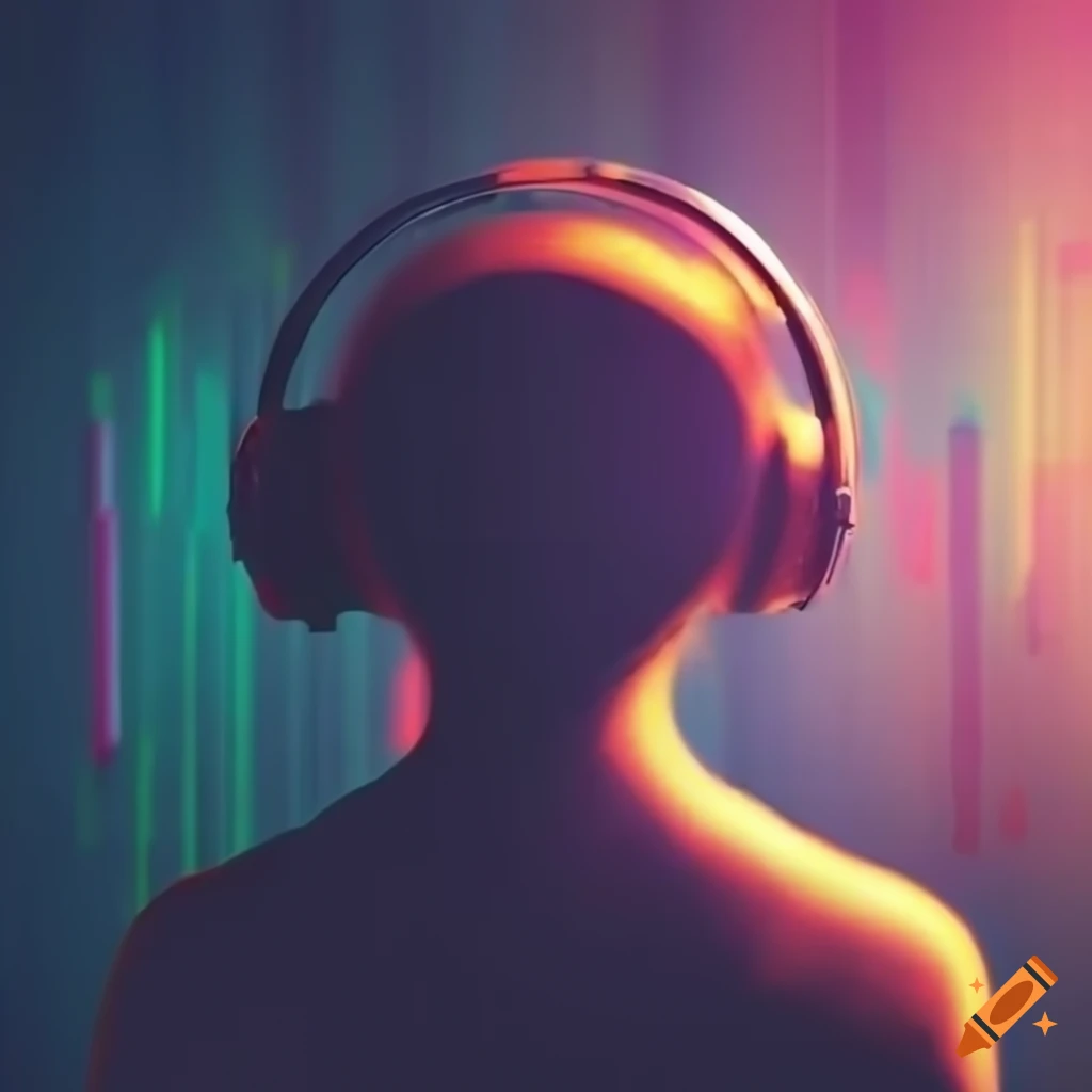 person with headphones against a soundwave background