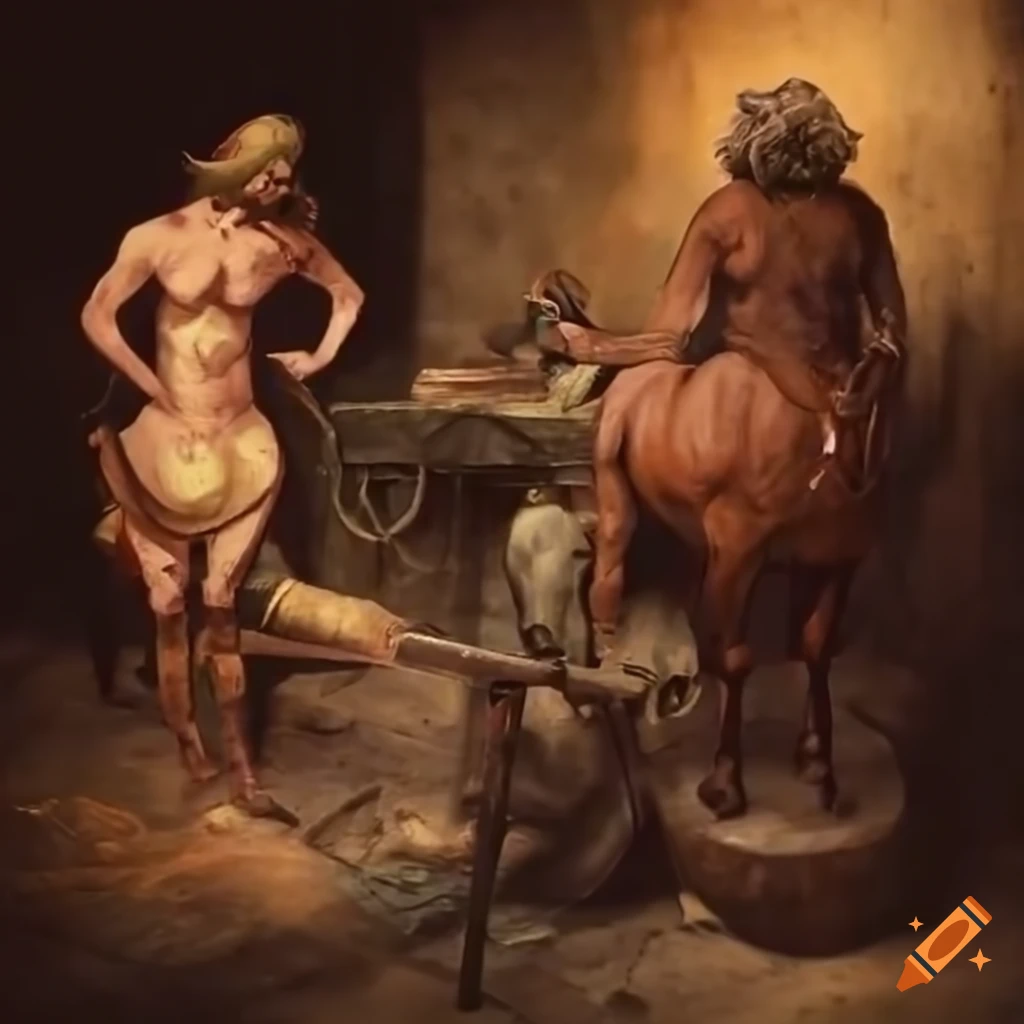 image of centaurs and a blacksmith in a lively discussion