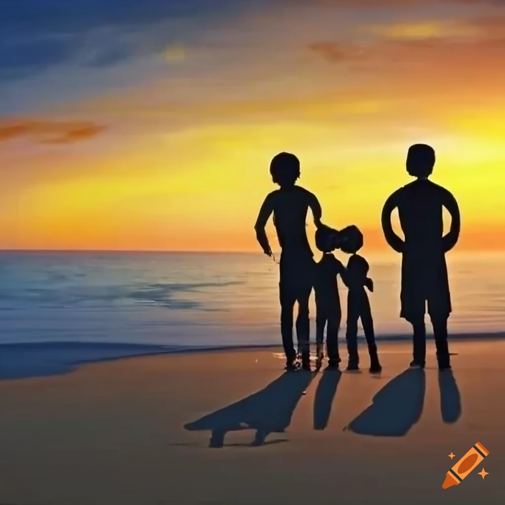 family enjoying a sunset at the beach