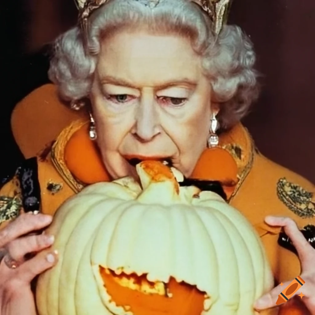 funny photograph of queen of england with a huge pumpkin
