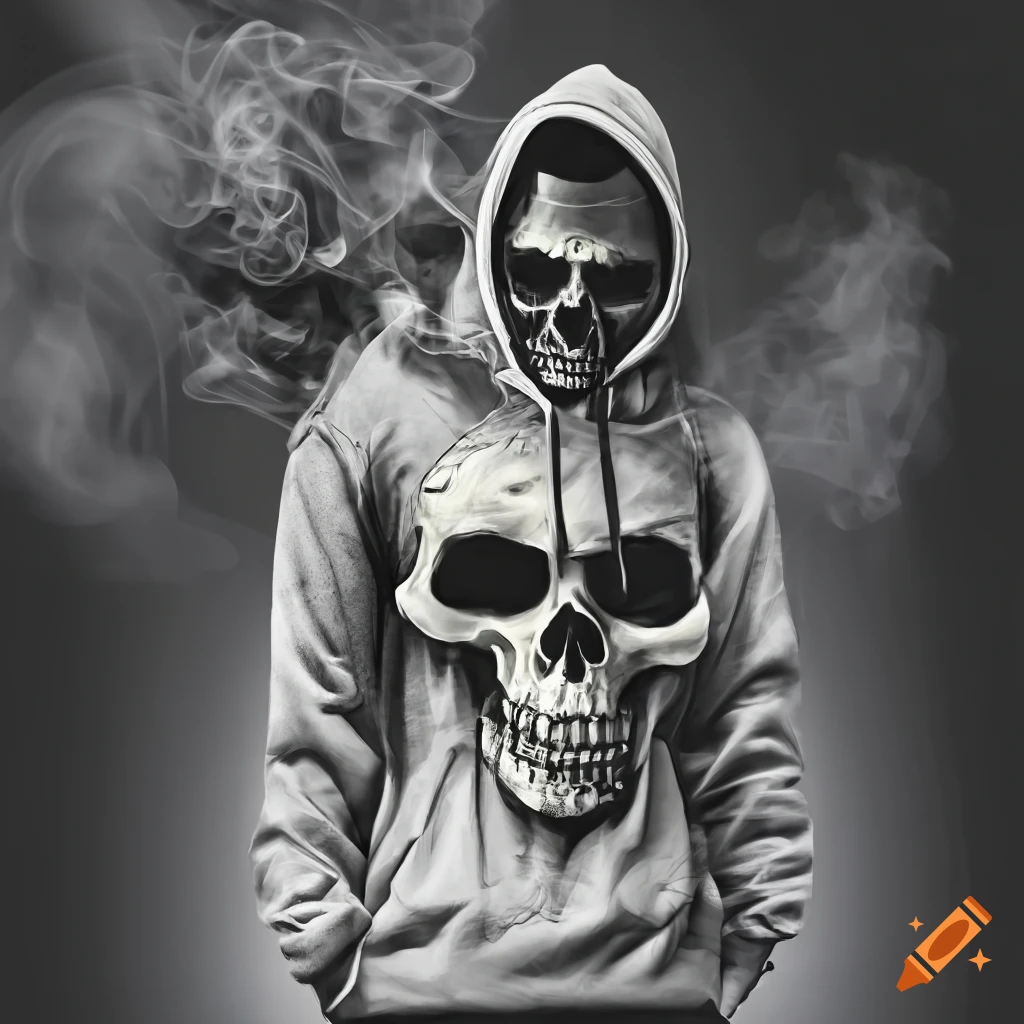 White and black graphic design of a skull rapper with a hoodie singing ...