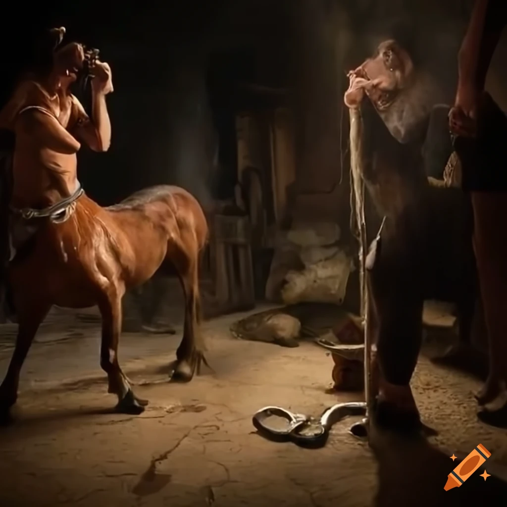 artistic depiction of centaurs and a farrier in a mythical town