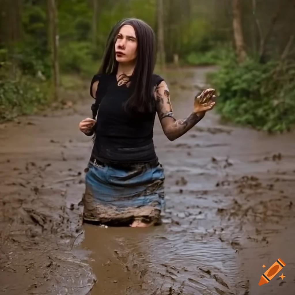 woman in muddy denim skirt