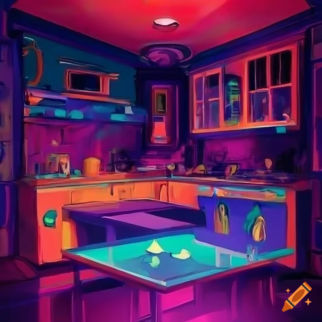 Colorful cyberpunk kitchen digital art on Craiyon