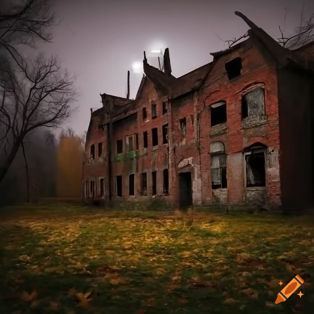 nighttime view of an abandoned brick asylum with broken windows and overgrown ivy