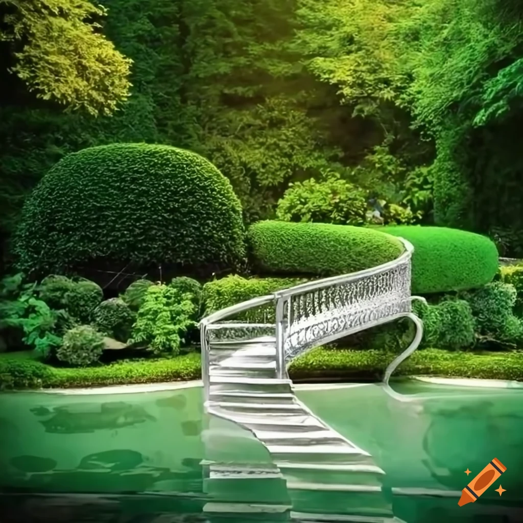 curved silver stairs leading to a balcony in a garden