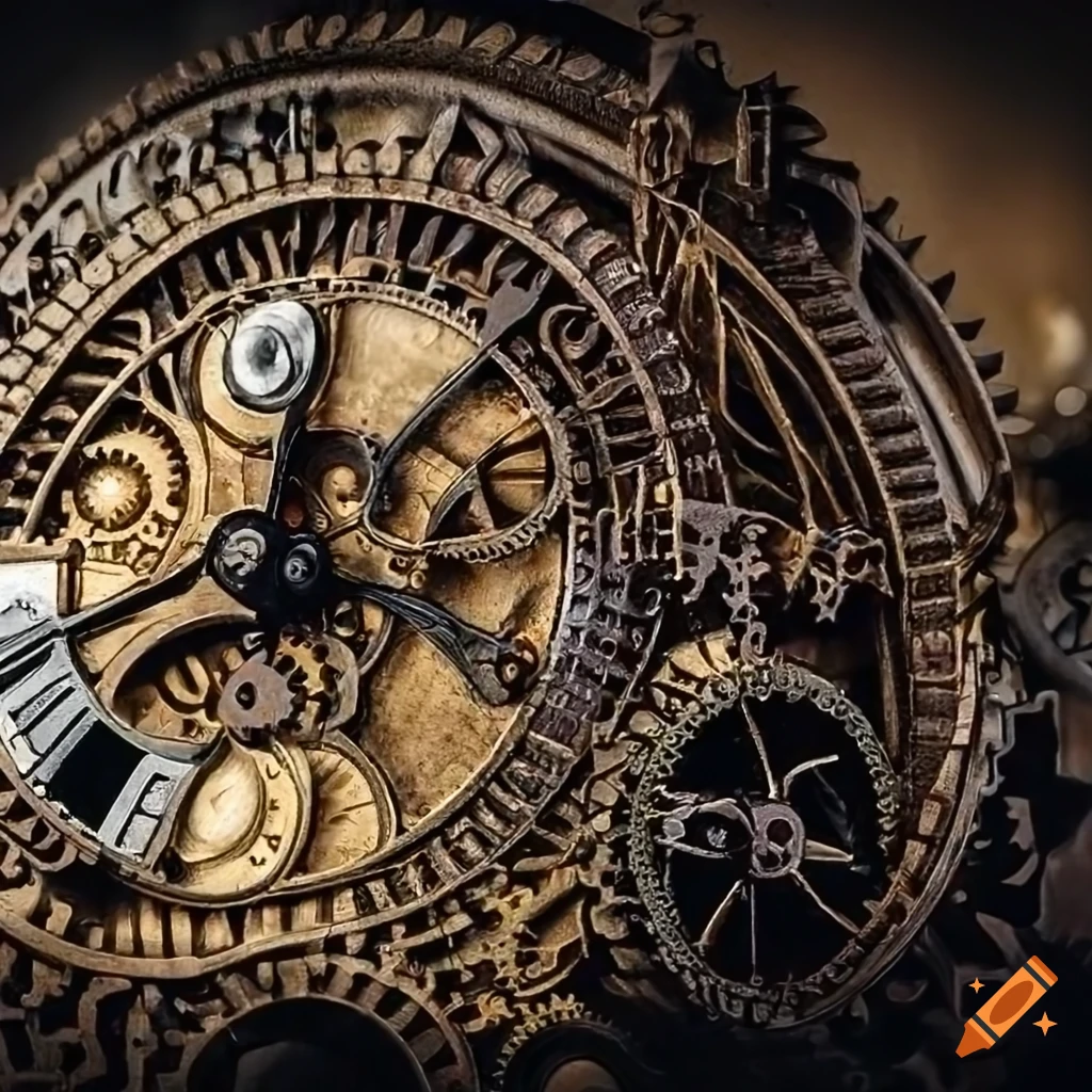 Artistic black and white steampunk clock with intricate gears