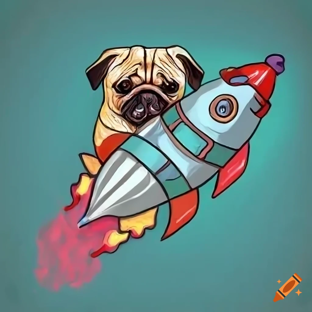 pencil outline drawing of two pugs inside a rocket ship