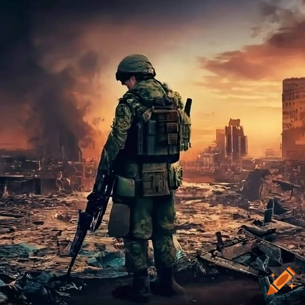 sad scene of a soldier overlooking the destruction of his city