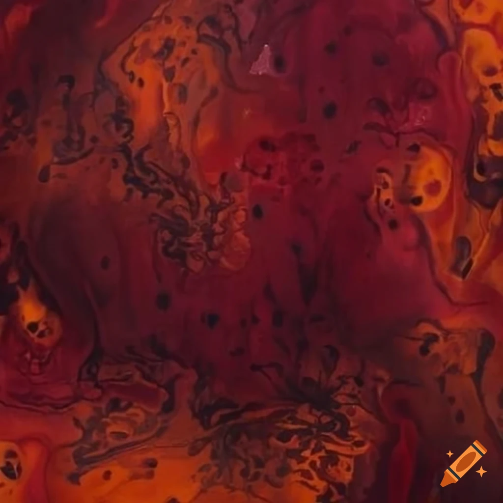 fabric with burgundy and orange oil splotch patterns
