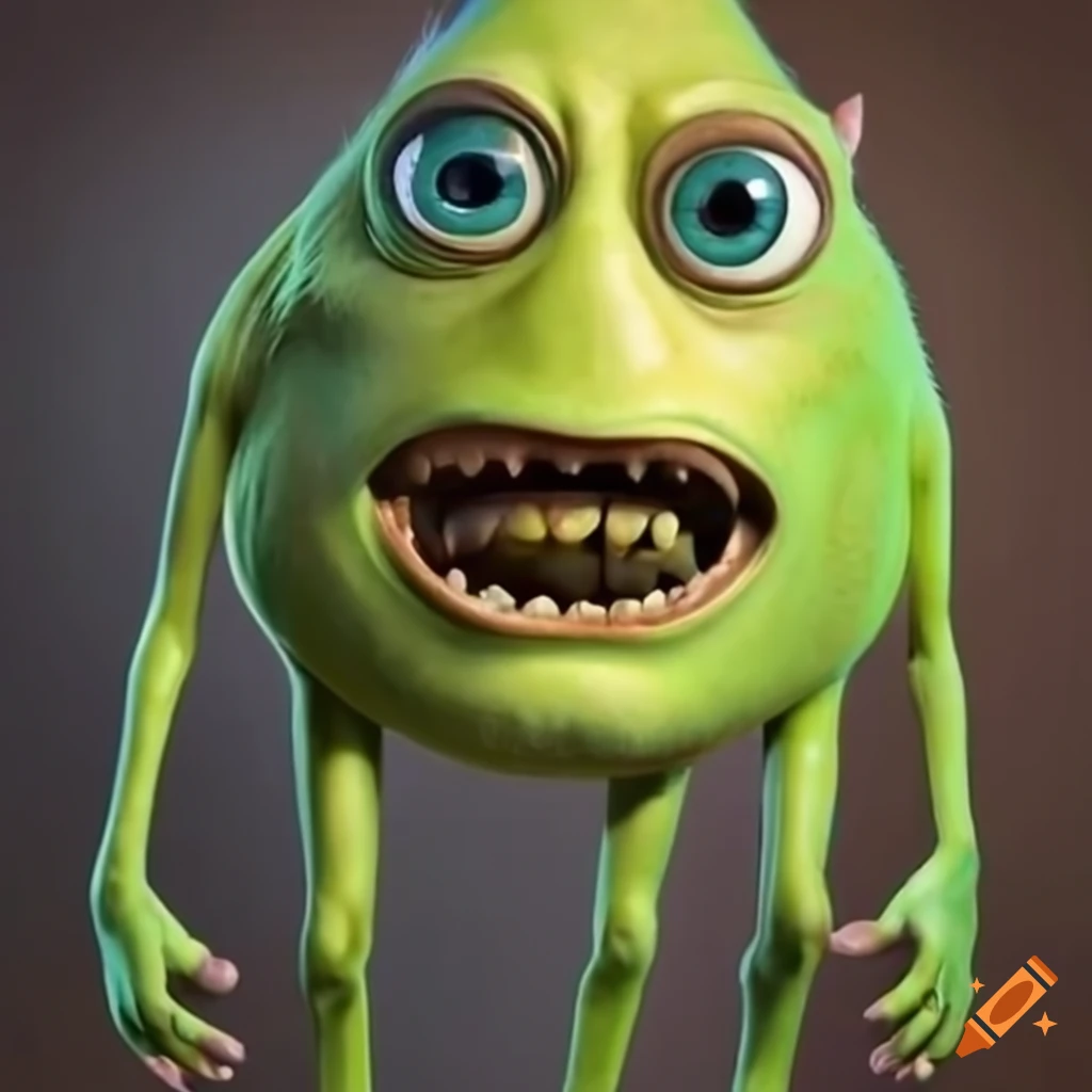 humorous depiction of Mike Wazowski with two human eyes