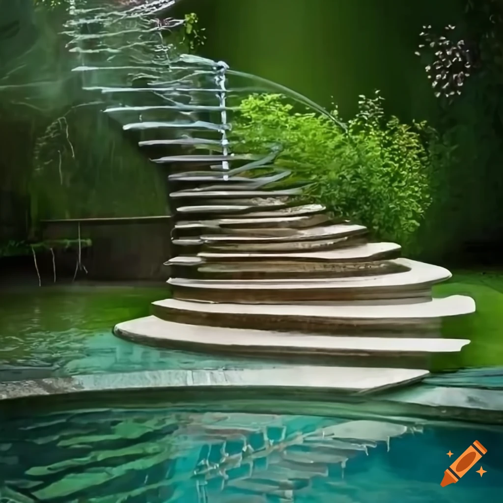 curved silver stairs in a garden leading to a balcony