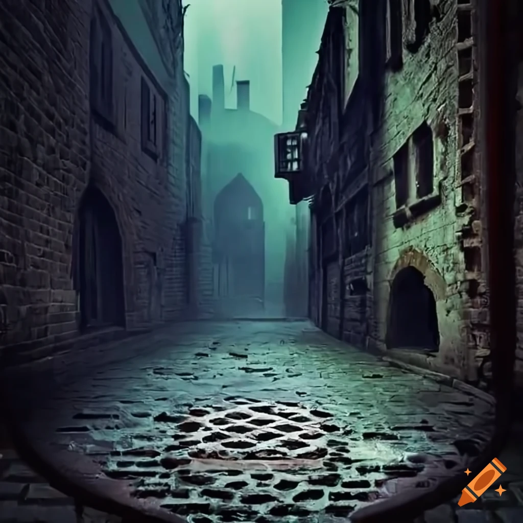 medieval alley with steaming sewer grate