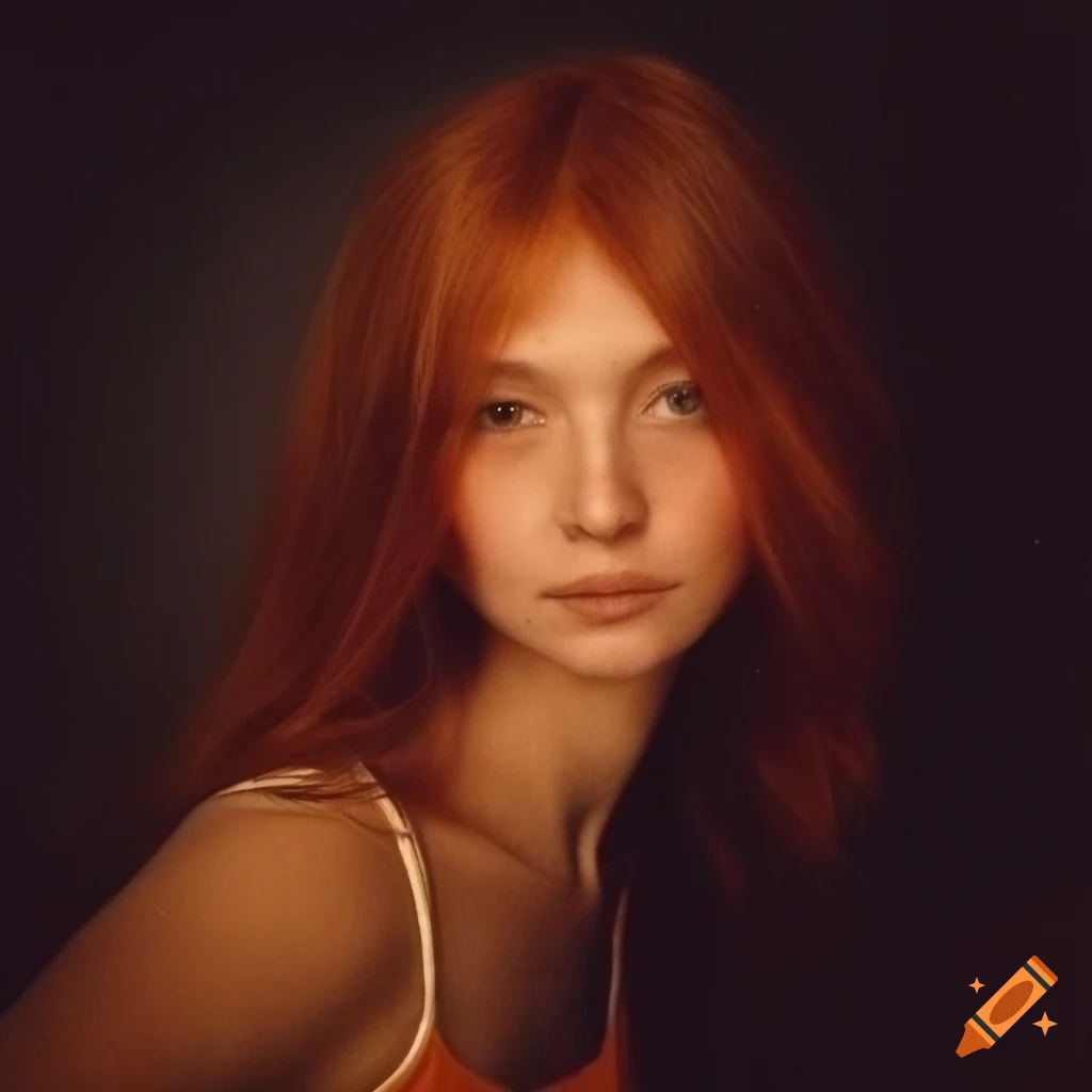 polaroid of a woman with auburn hair and front bangs