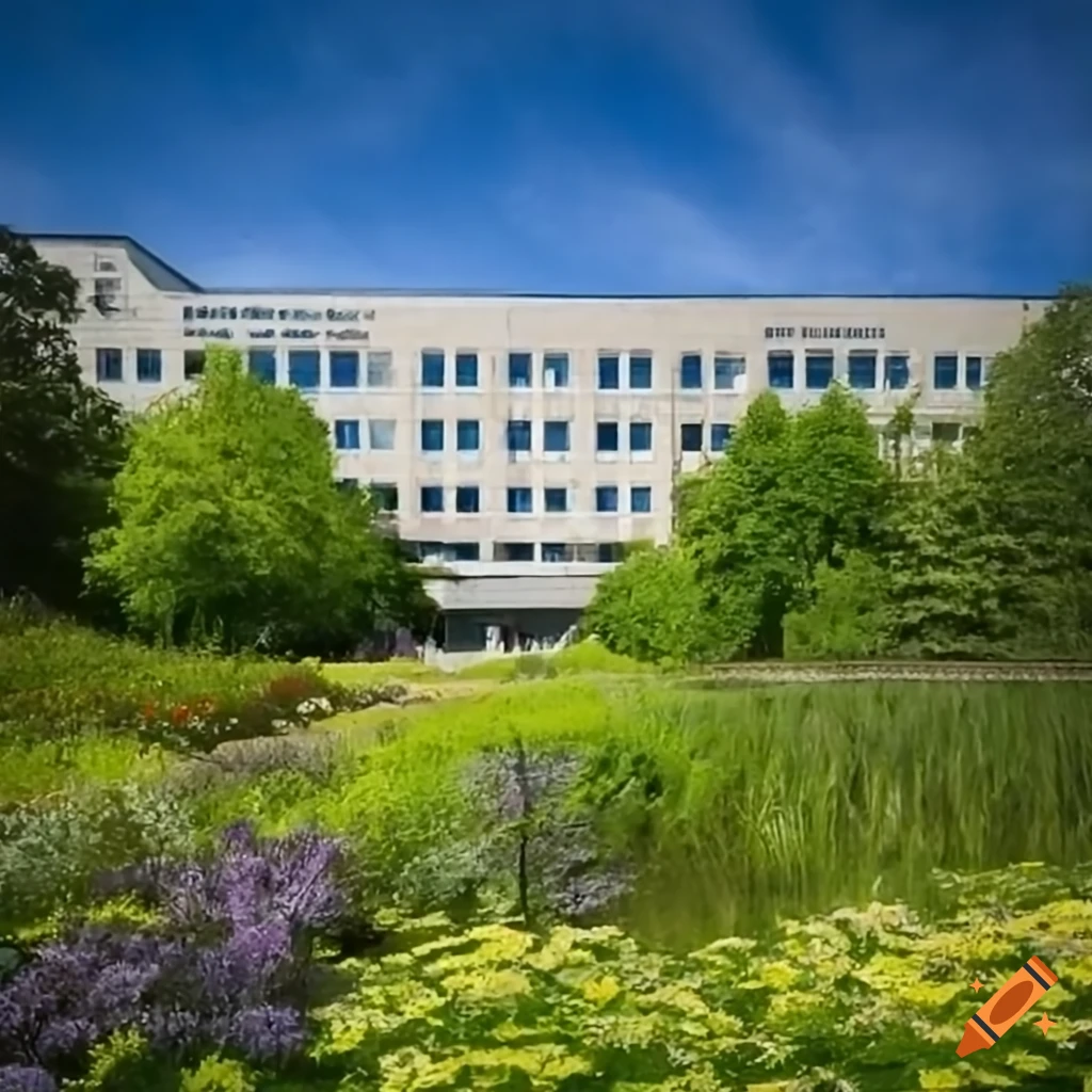NHS hospital exterior with scenic garden