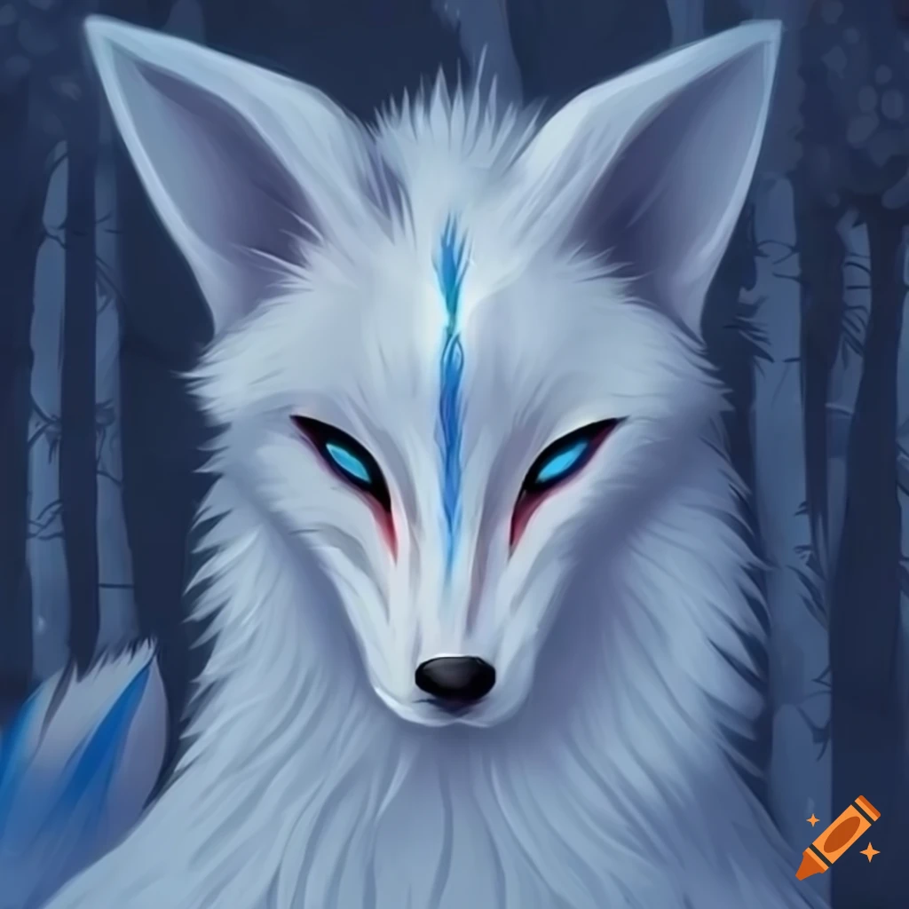 white kitsune with blue patterns