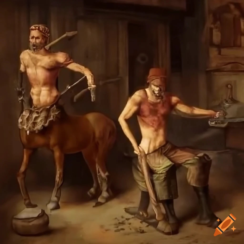 image of centaurs and a blacksmith in a lively discussion