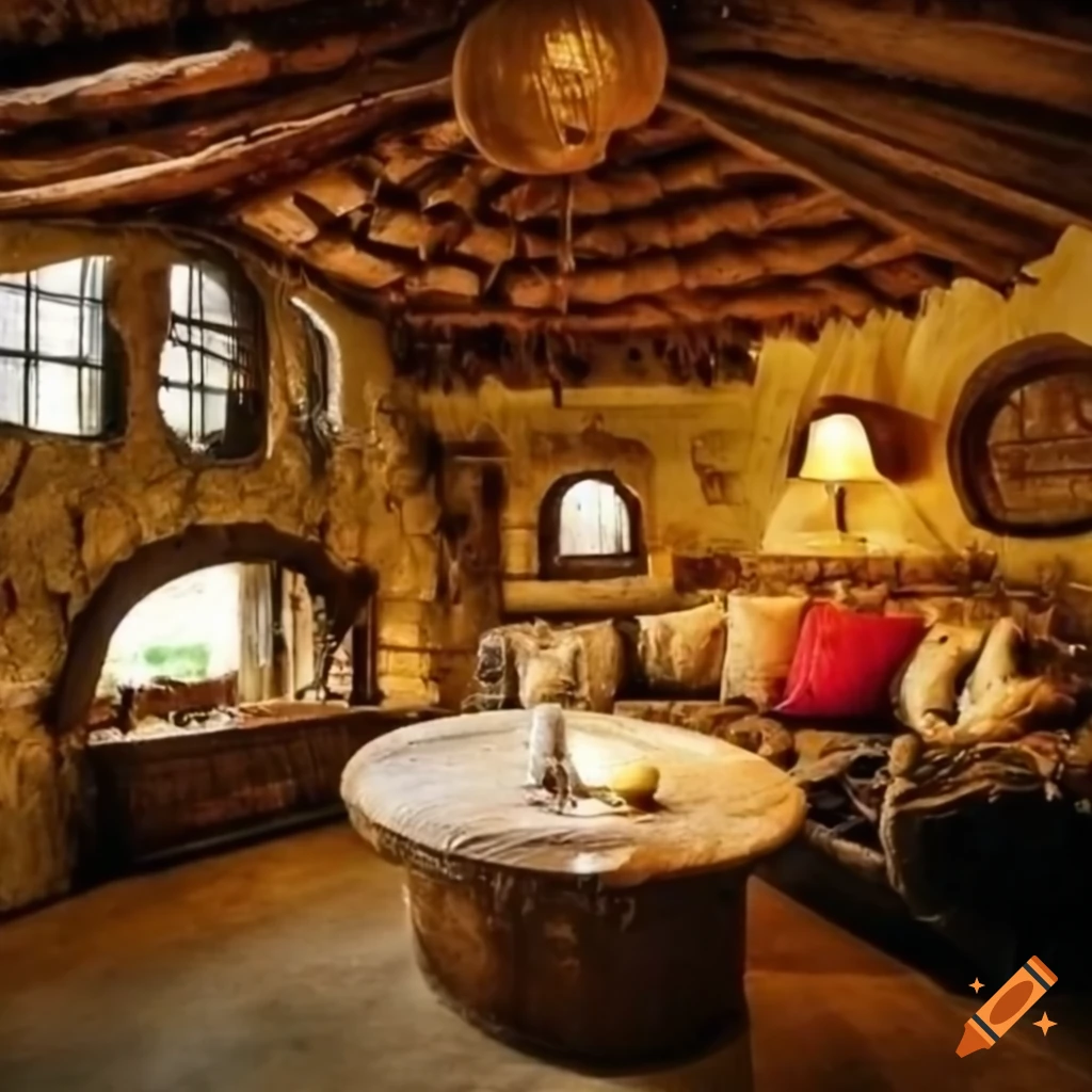 Realistic interior photography of a mushroom house