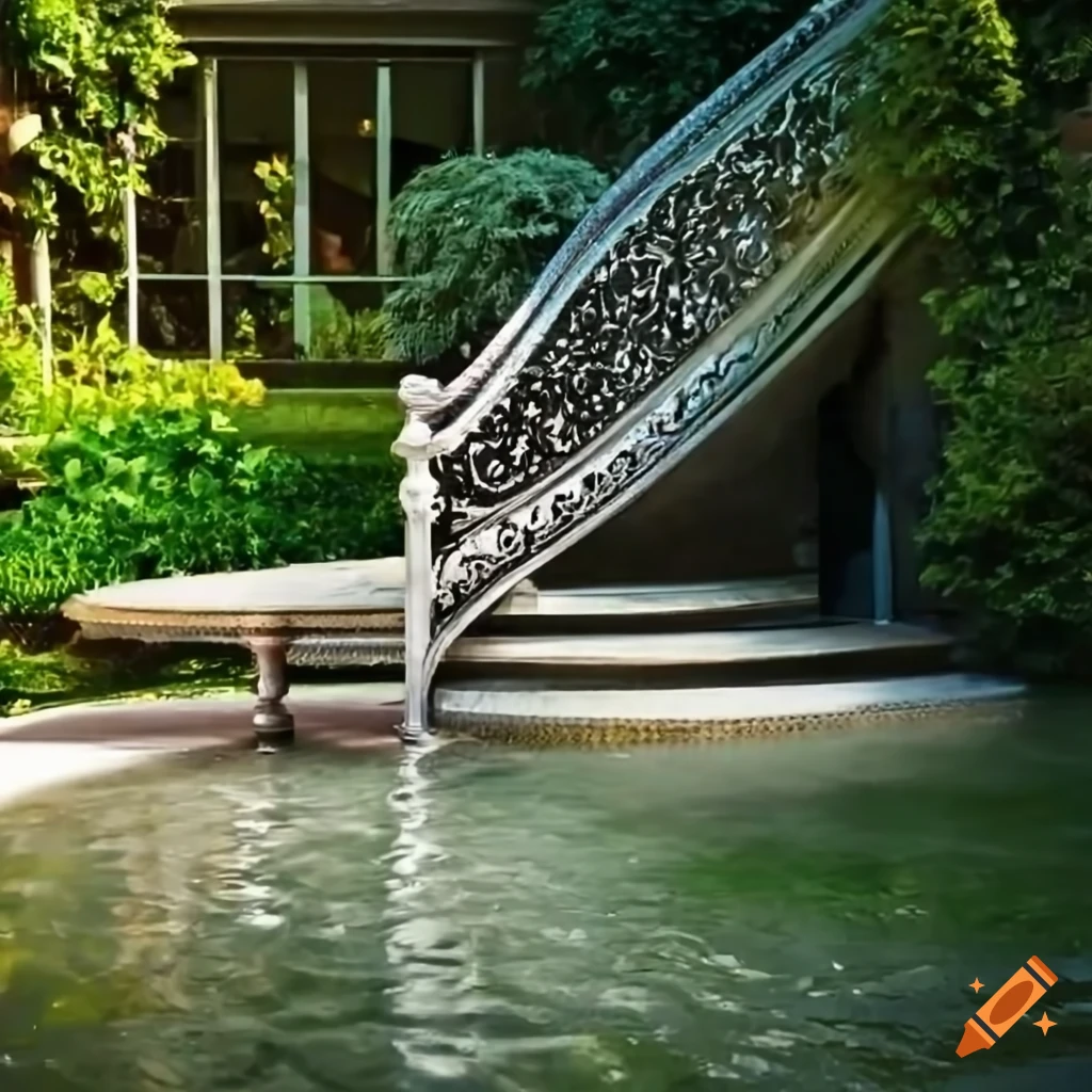 silver stairs leading to a balcony in a garden