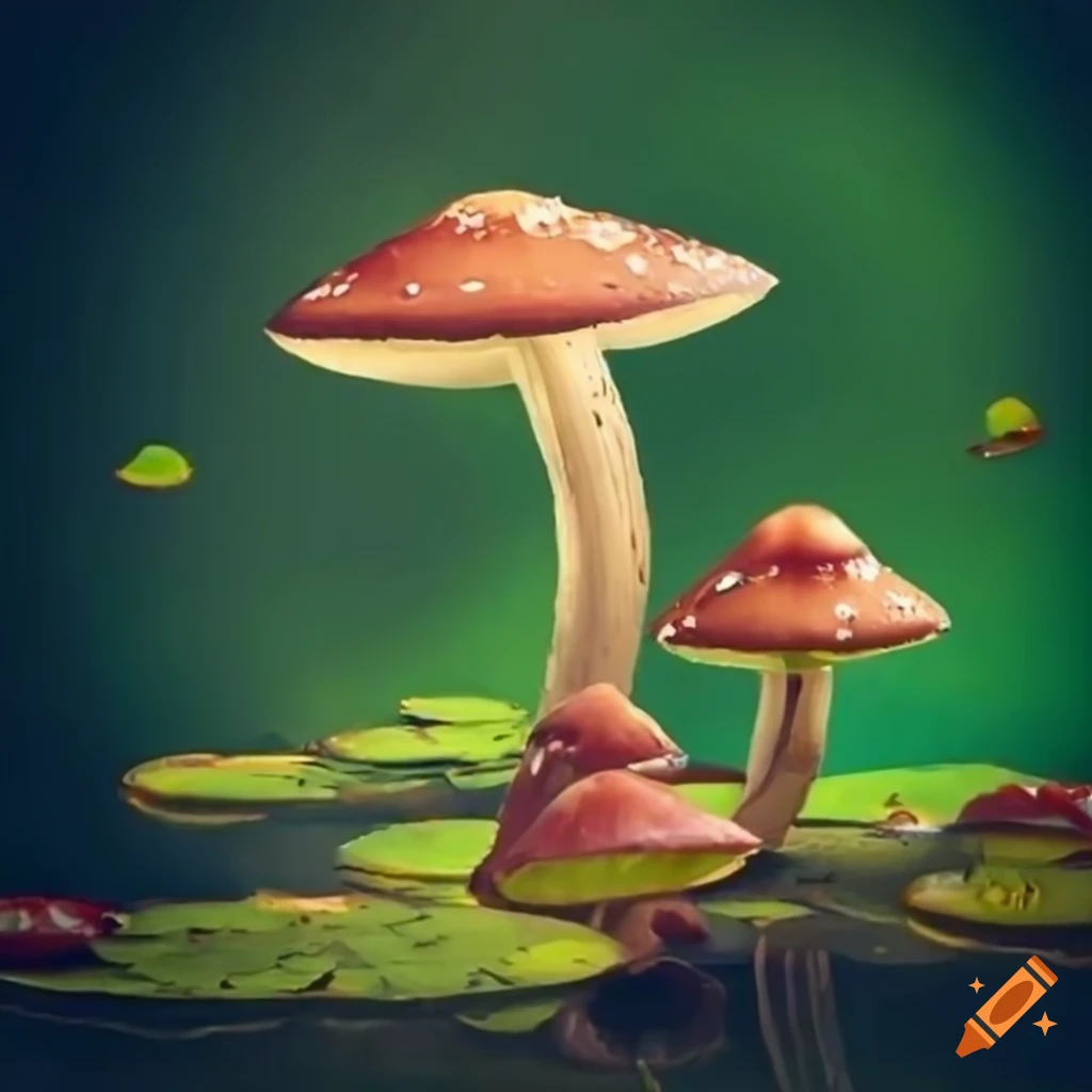 fantasy image of a mushroom-filled grassland and water with lily pads