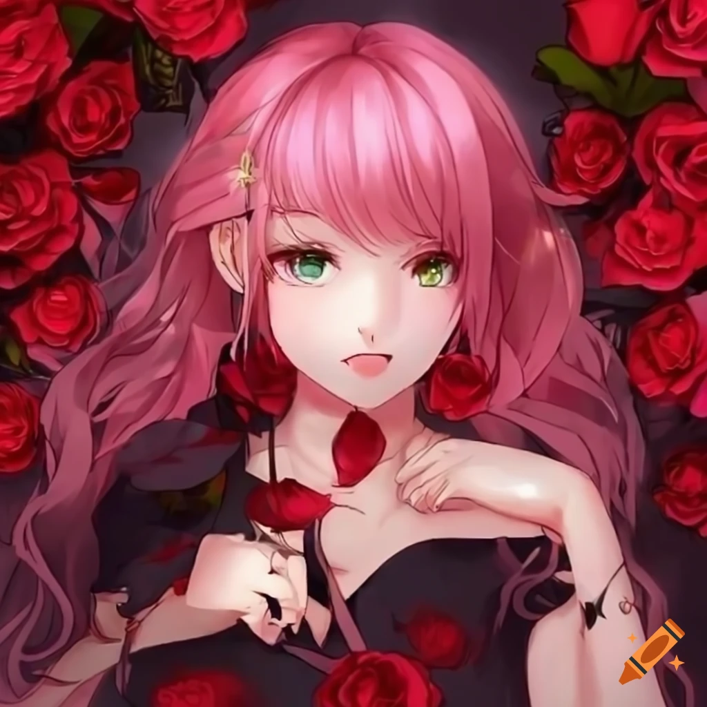 Anime girl with pink hair and red roses on Craiyon