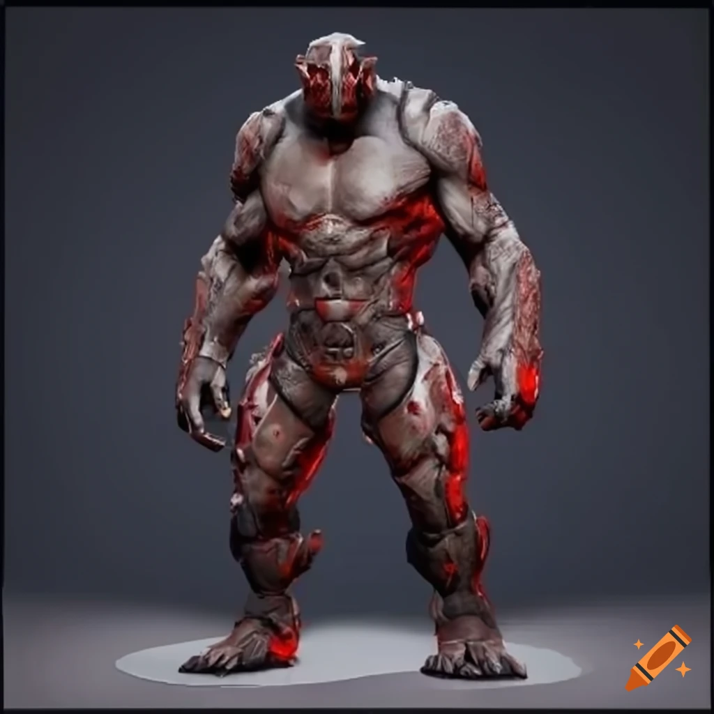 sci-fi cyborg golem with red glowing crystals