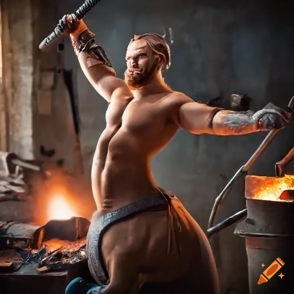 centaur warrior having a discussion in a blacksmith's workshop