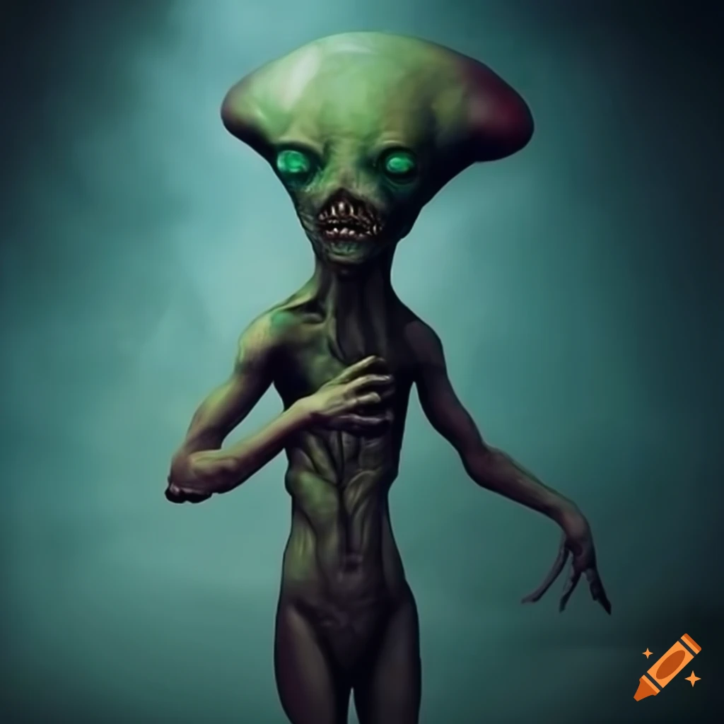 surreal artwork of a crooked-armed alien monster