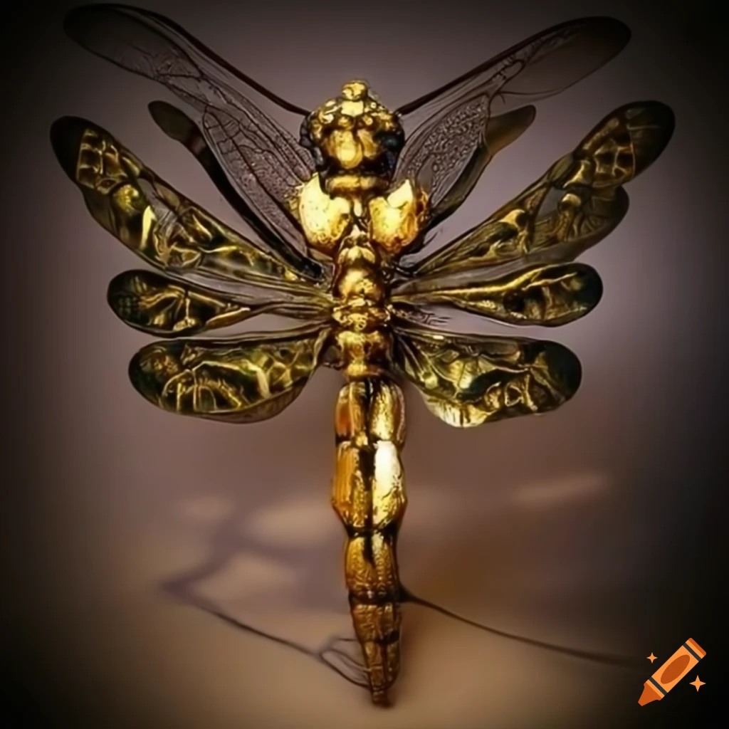 intricately designed golden dragonfly