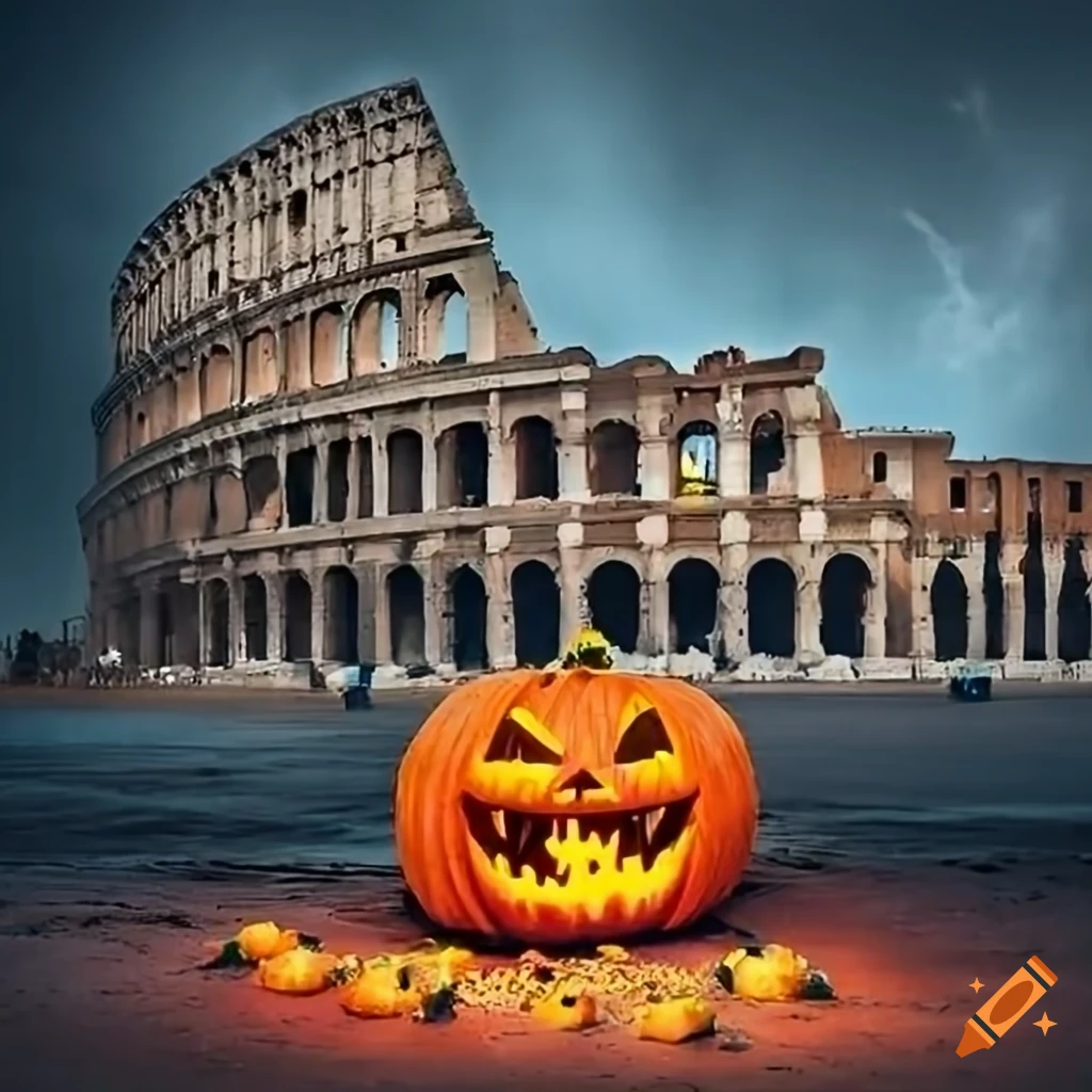 Photograph of colosseum in rome with halloween pumpkins