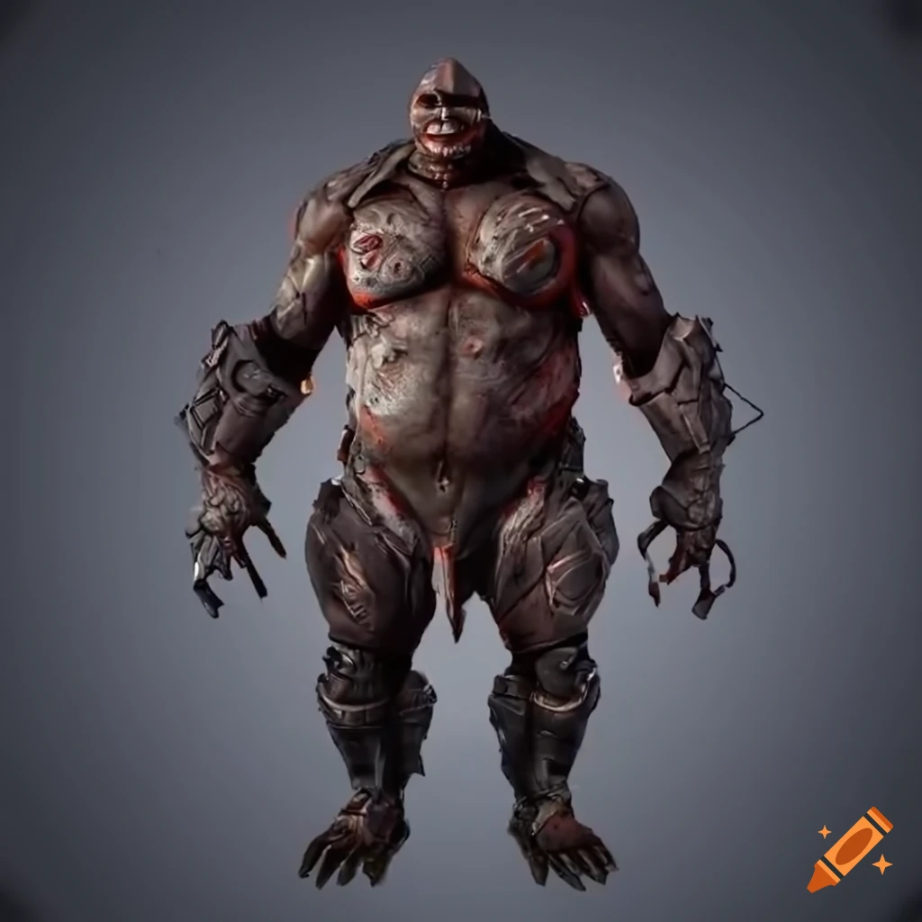 sci-fi black stone armored cyborg elf-ogre with red glowing crystals