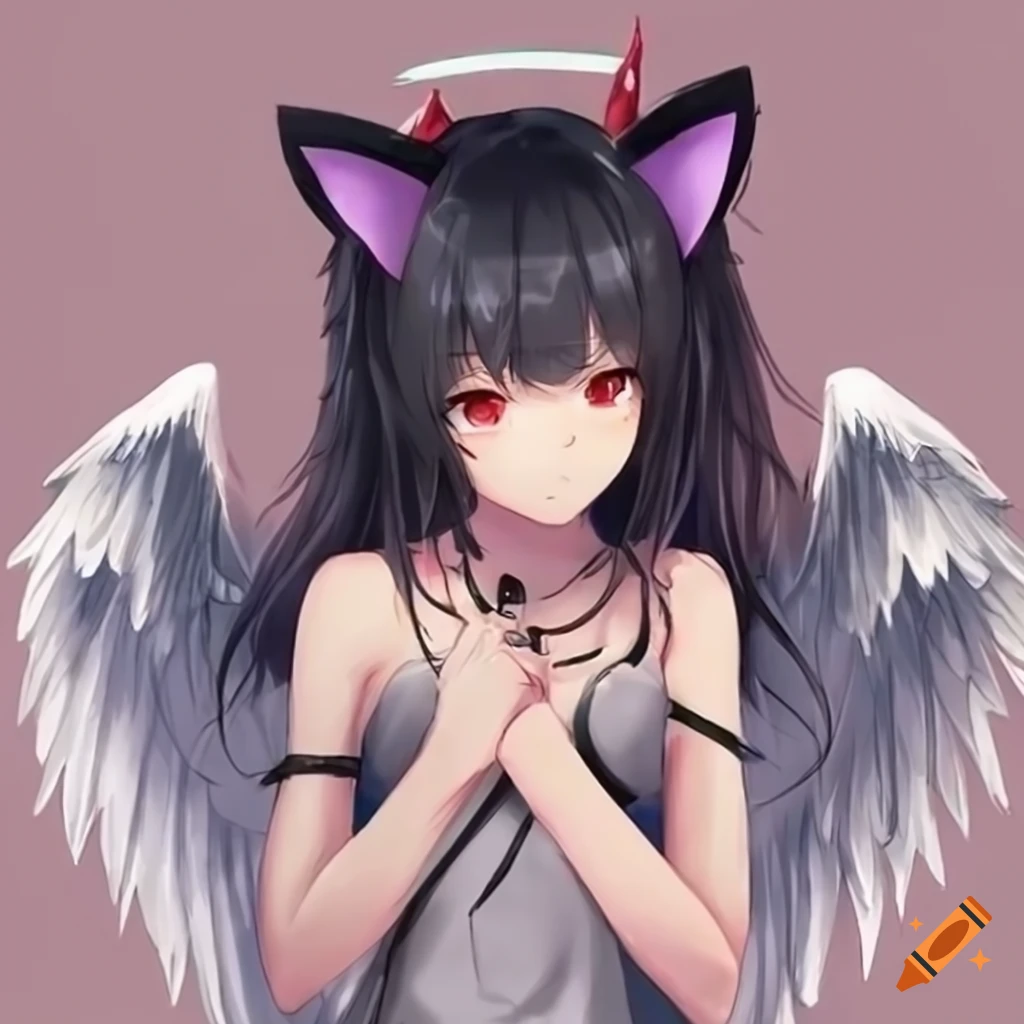 Halfdemon anime girl with black hair, cat ears, and angel wings on Craiyon