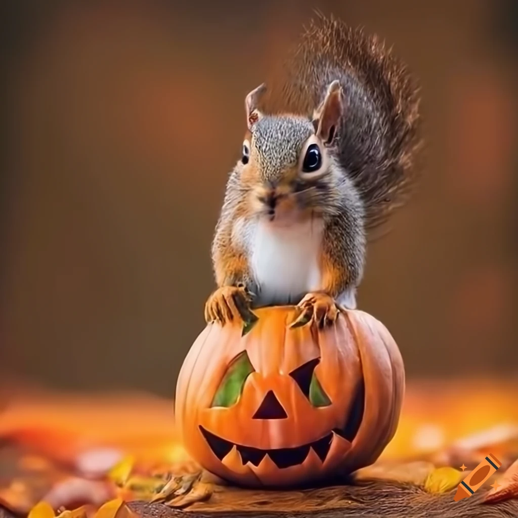 hyper realistic squirrel in a pumpkin Halloween dress