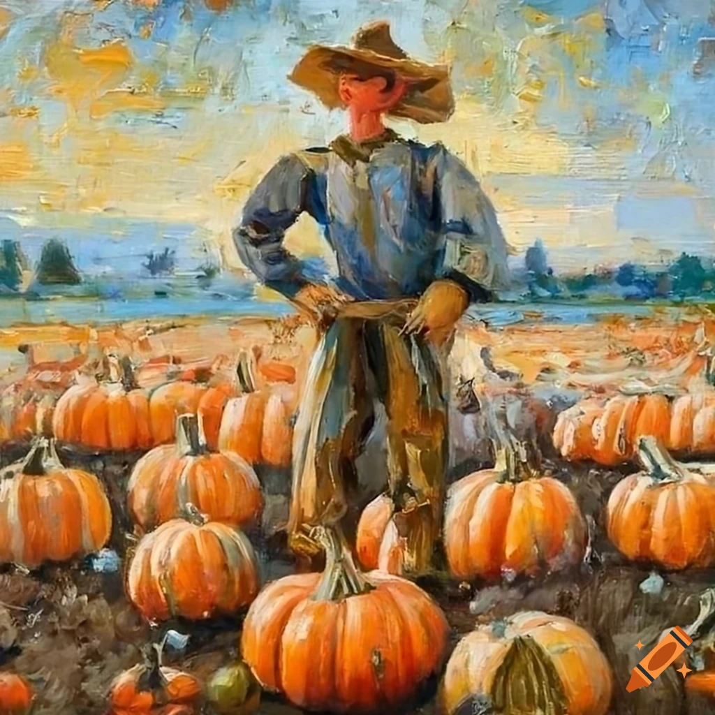 detailed oil painting of a scarecrow in a pumpkin field
