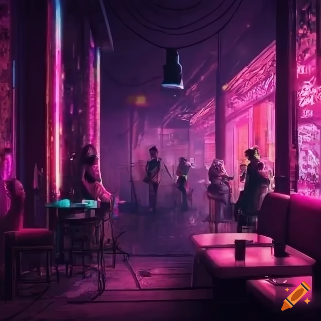 indoor view of a crowded chic lounge bar in a cyberpunk setting