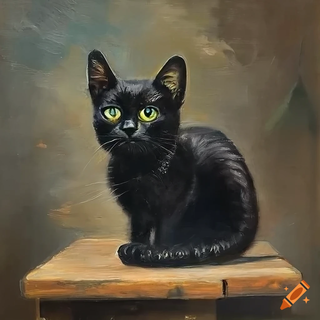 oil painting of a curious black kitten on a wood table