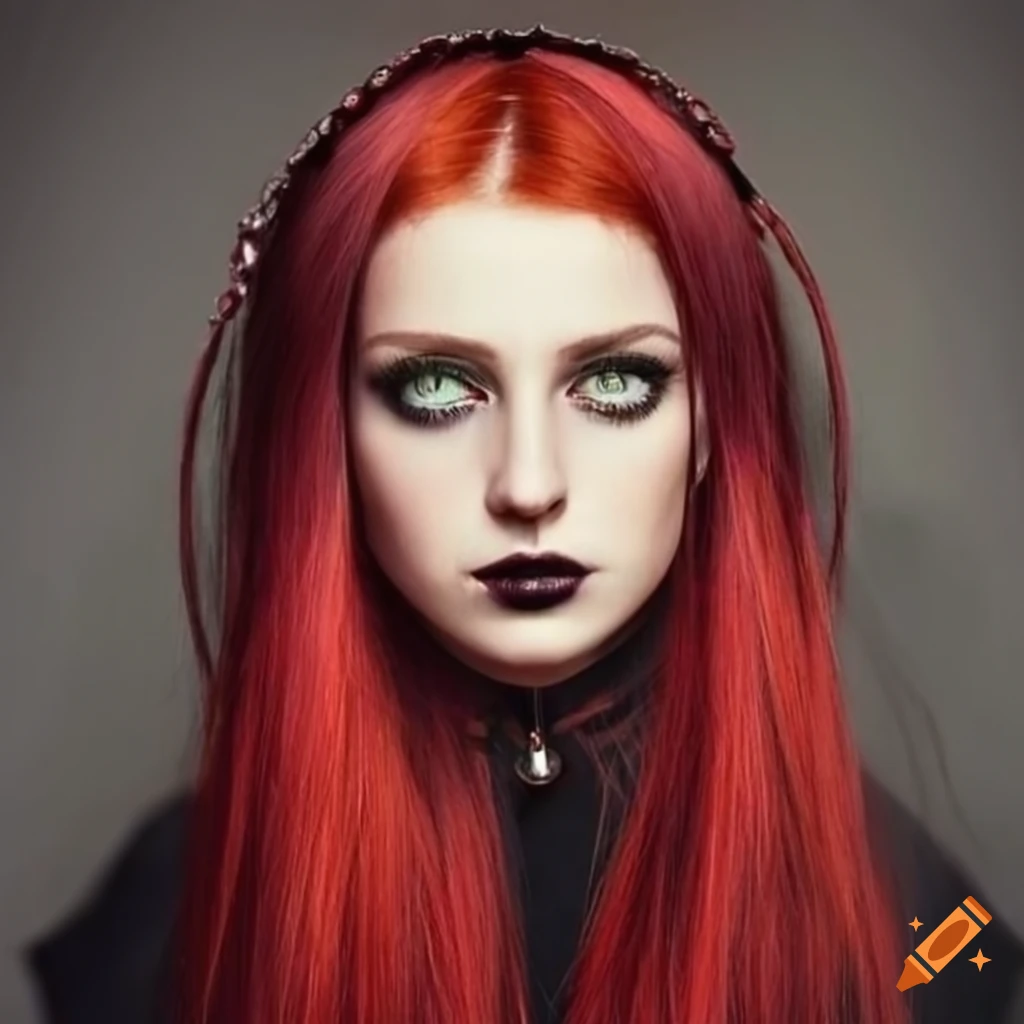 portrait of a young woman with wine red hair and goth fashion